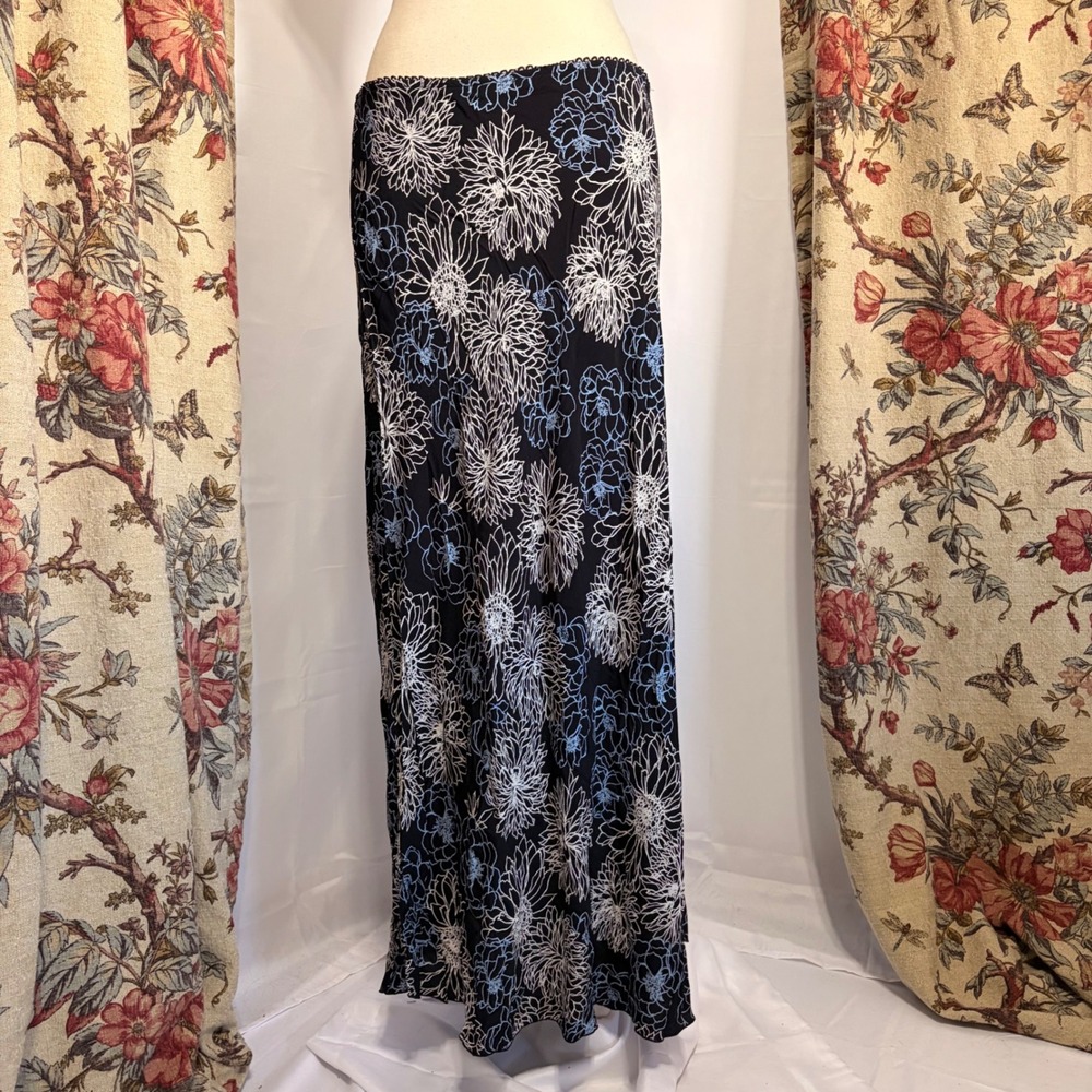 Old Navy Black Floral Maxi Skirt with embroidered Blue White Botanical Print
